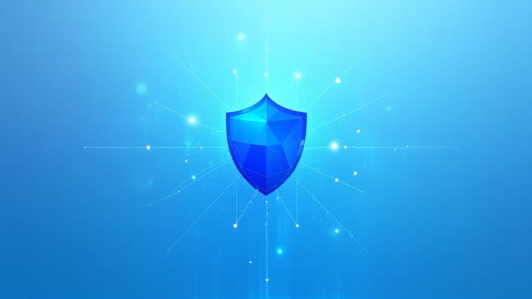 Illustration representing digital data security with abstract shield and connected nodes.